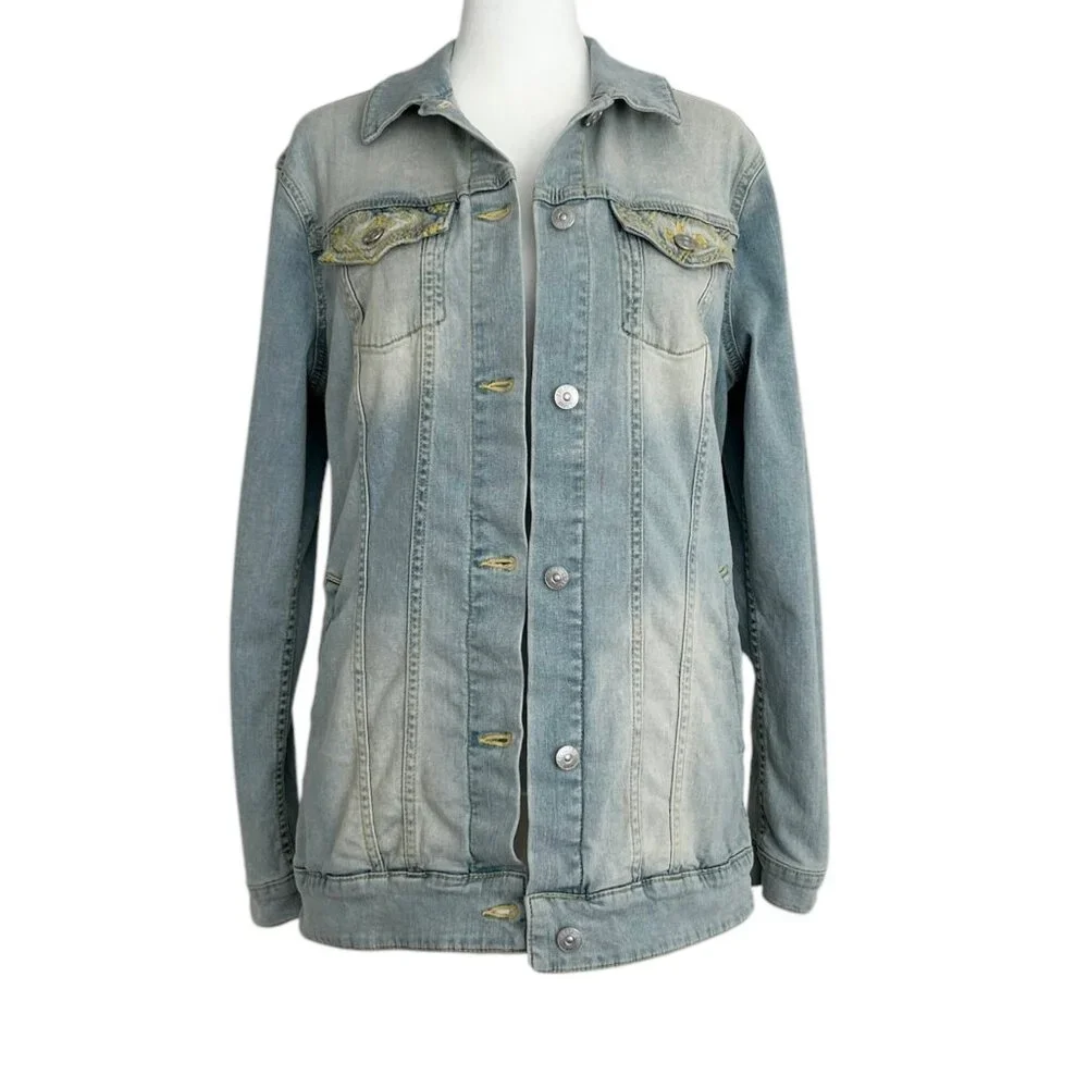 LuLaRoe Jaxon Light Wash Embroidered Denim Jacket (S)